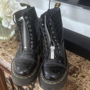 Dr. Martens Black Croc-Patterned Combat Boots